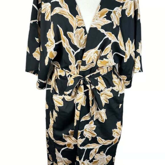 Maison Du Soir Black & Beige Floral Kimono Robe | Size S/M - Picture 2 of 7